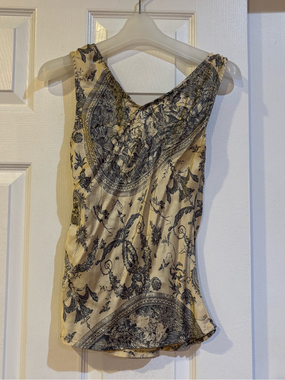 Teenflo Vintage Cream & Charcoal Graphic Paisley Silk Sleeveless Blouse